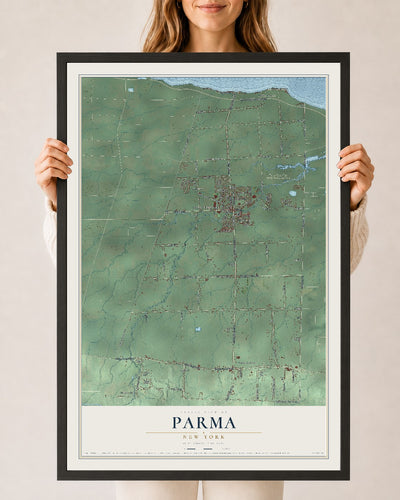 Parma, New York map print, 24" x 36" W/ Black Ayous Wood Frame mockup