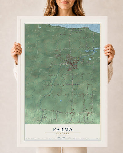 Parma, New York map print, 24" x 36" W/ White Ayous Wood Frame mockup