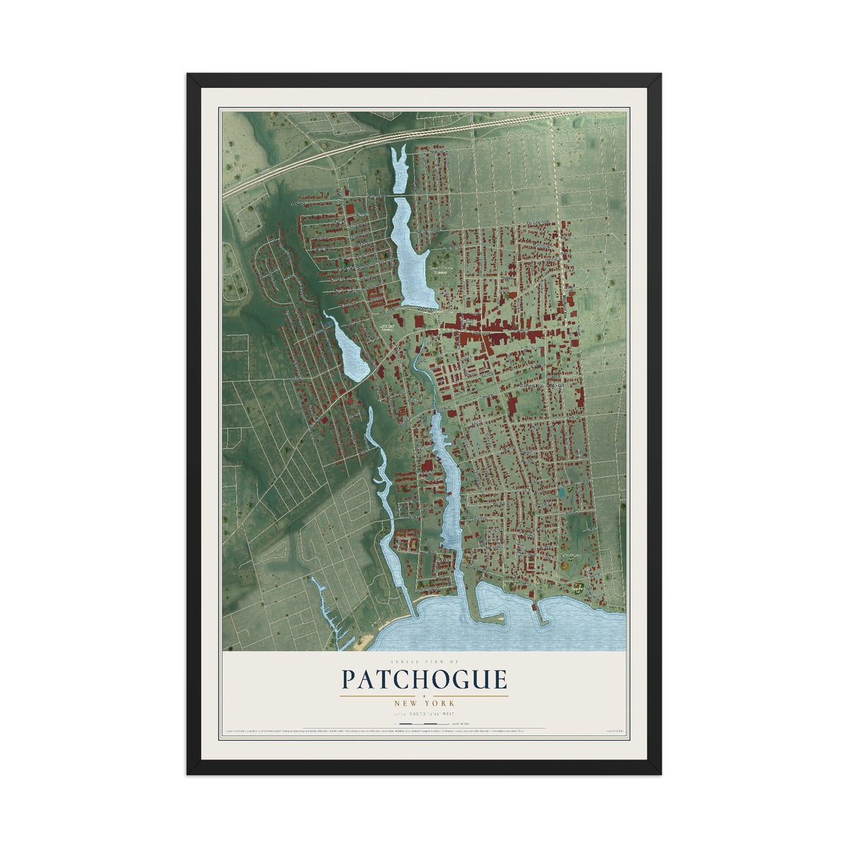 Patchogue, New York map print, 12" x 18" W/ Black Ayous Wood Frame mockup