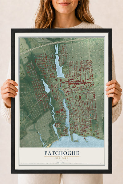 Patchogue, New York map print, 18" x 24" W/ Black Ayous Wood Frame mockup