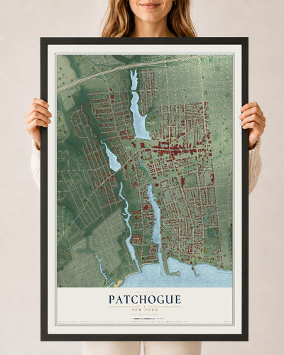 Patchogue, New York map print, 24" x 36" W/ Black Ayous Wood Frame mockup
