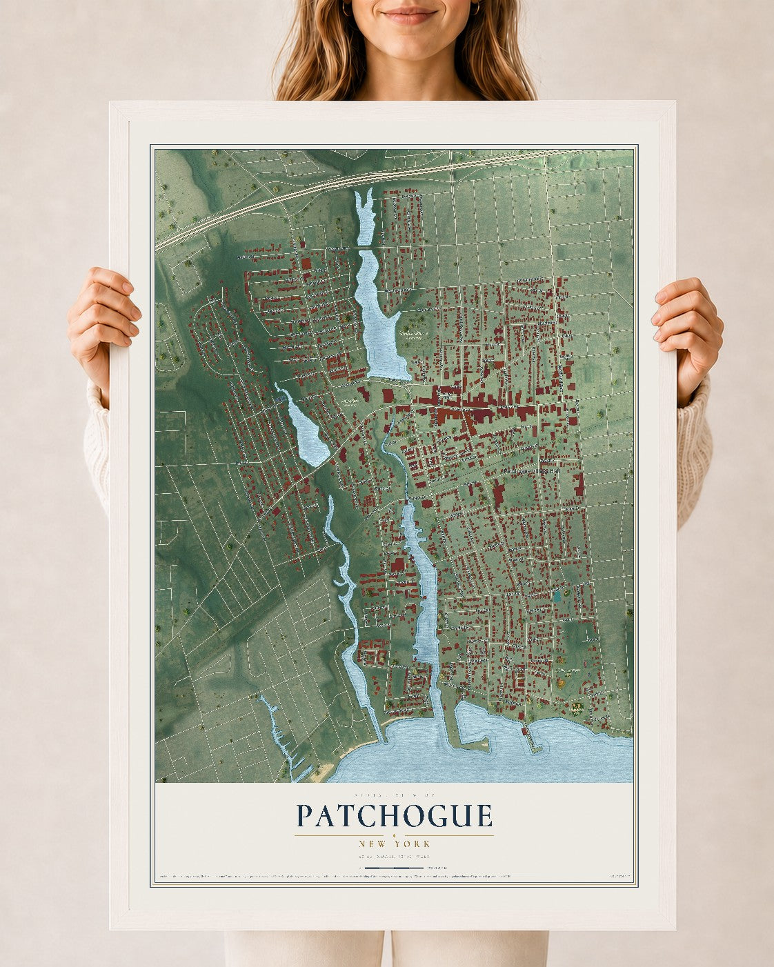 Patchogue, New York map print, 24" x 36" W/ White Ayous Wood Frame mockup