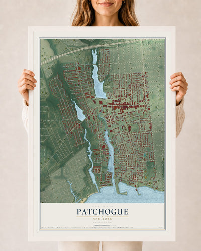 Patchogue, New York map print, 24" x 36" W/ White Ayous Wood Frame mockup