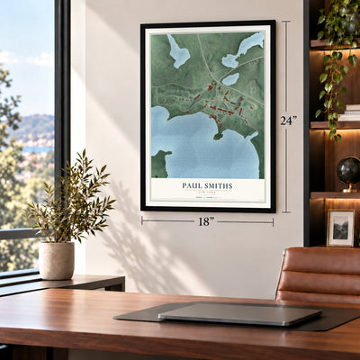 Paul Smiths, New York map, 18 x 24 inch print in a black frame in a home office