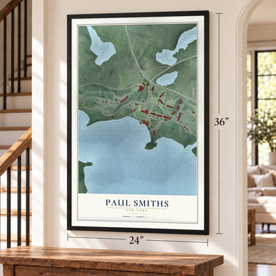 Paul Smiths, New York map, 24 x 36 inch print in a black frame by a staircase