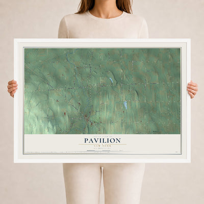 Pavilion, New York map print, 24" x 36" W/ White Ayous Wood Frame mockup