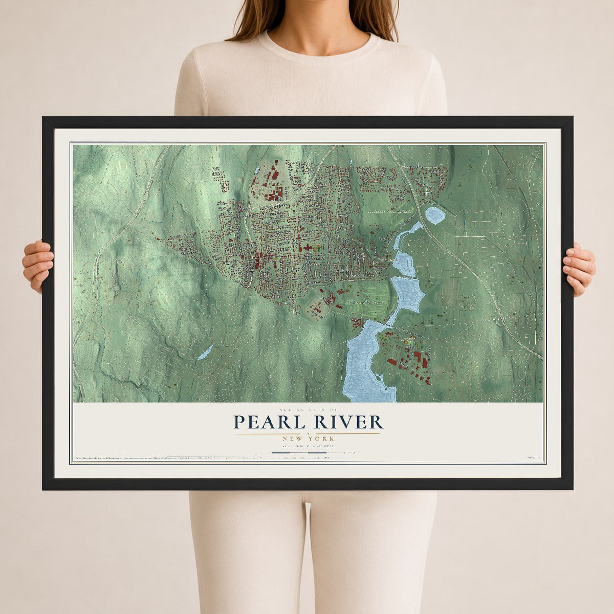 Pearl River, New York map print, 24" x 36" W/ Black Ayous Wood Frame mockup
