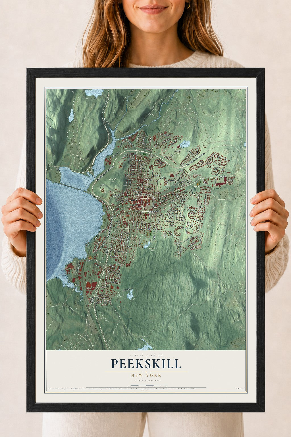 Peekskill, New York map print, 18" x 24" W/ Black Ayous Wood Frame mockup