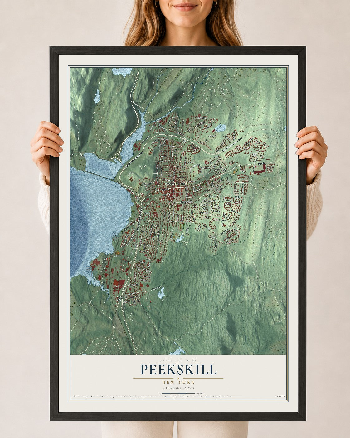 Peekskill, New York map print, 24" x 36" W/ Black Ayous Wood Frame mockup