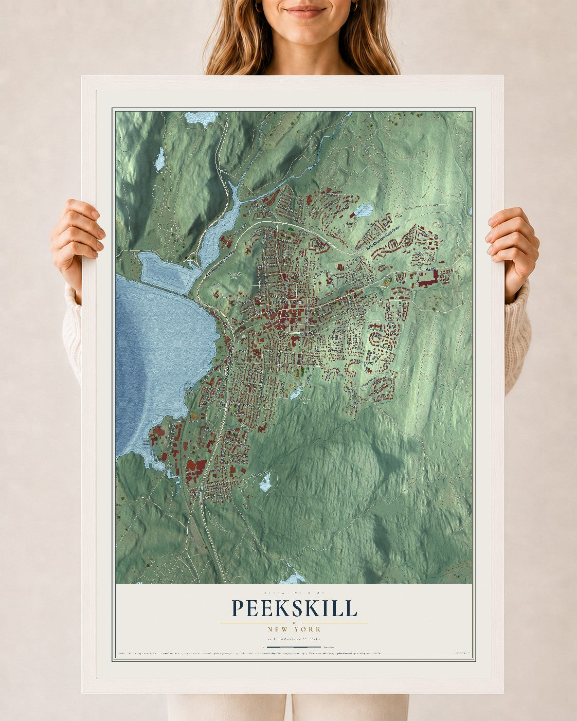 Peekskill, New York map print, 24" x 36" W/ White Ayous Wood Frame mockup