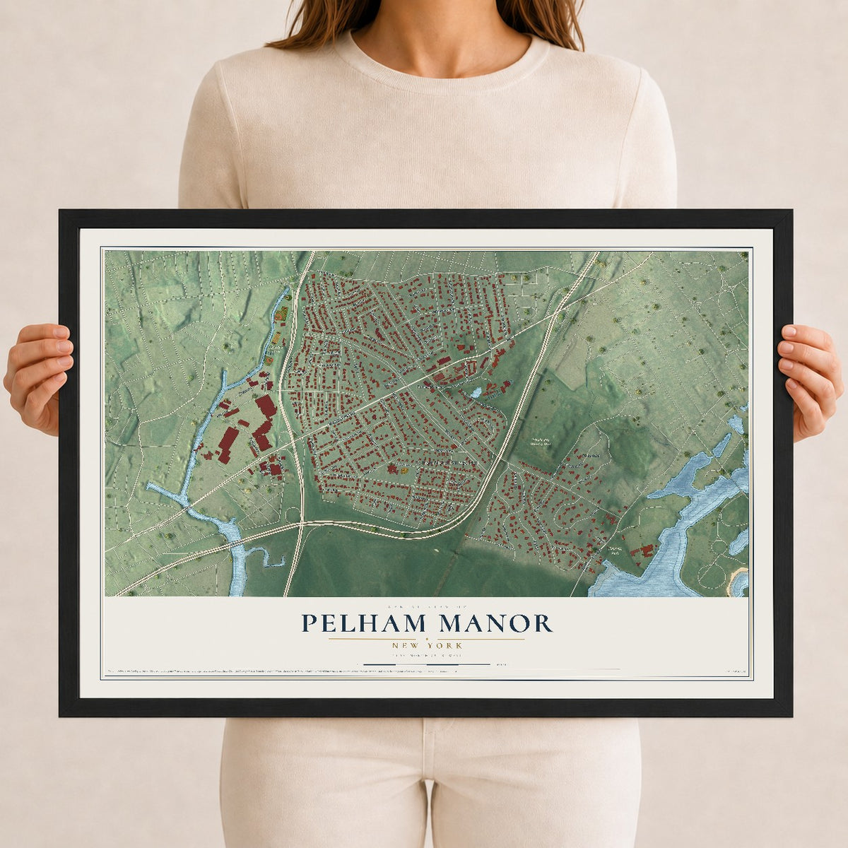 Pelham Manor, New York map print, 12" x 18" W/ Black Ayous Wood Frame mockup