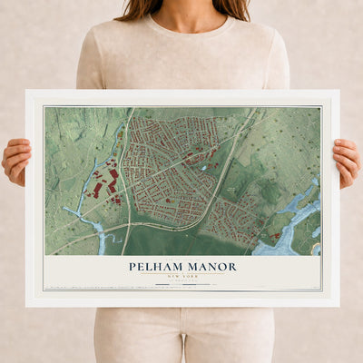 Pelham Manor, New York map print, 12" x 18" W/ White Ayous Wood Frame mockup