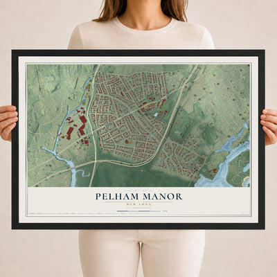 Pelham Manor, New York map print, 18" x 24" W/ Black Ayous Wood Frame mockup