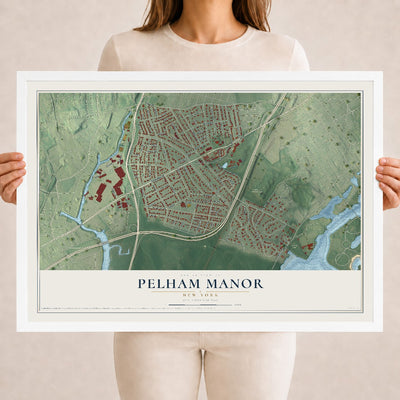 Pelham Manor, New York map print, 18" x 24" W/ White Ayous Wood Frame mockup