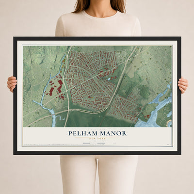 Pelham Manor, New York map print, 24" x 36" W/ Black Ayous Wood Frame mockup
