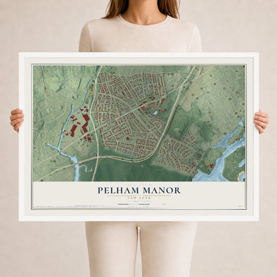 Pelham Manor, New York map print, 24" x 36" W/ White Ayous Wood Frame mockup
