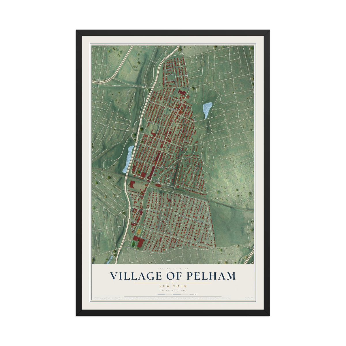 Pelham, New York map print, 12" x 18" W/ Black Ayous Wood Frame mockup