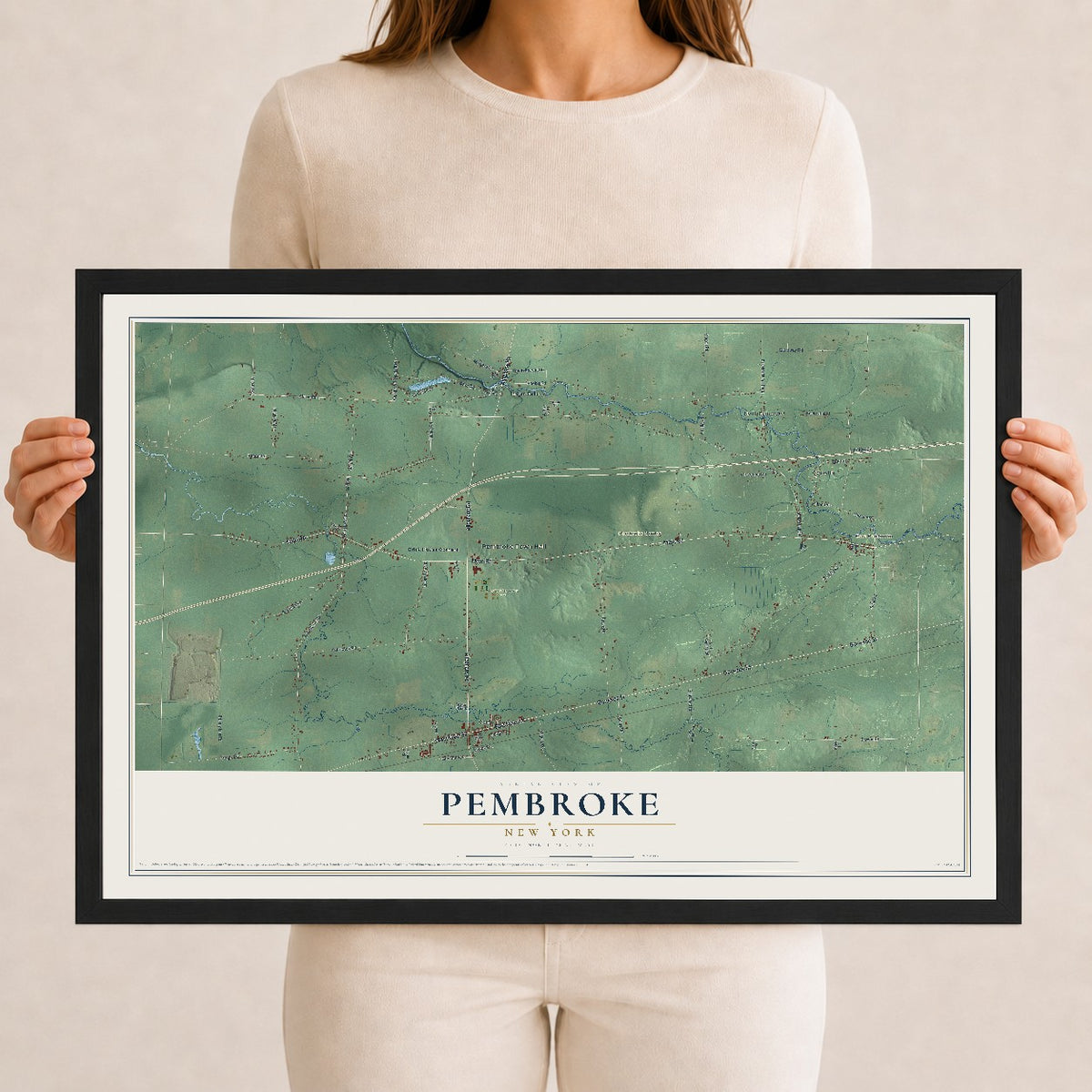 Pembroke, New York map print, 12" x 18" W/ Black Ayous Wood Frame mockup