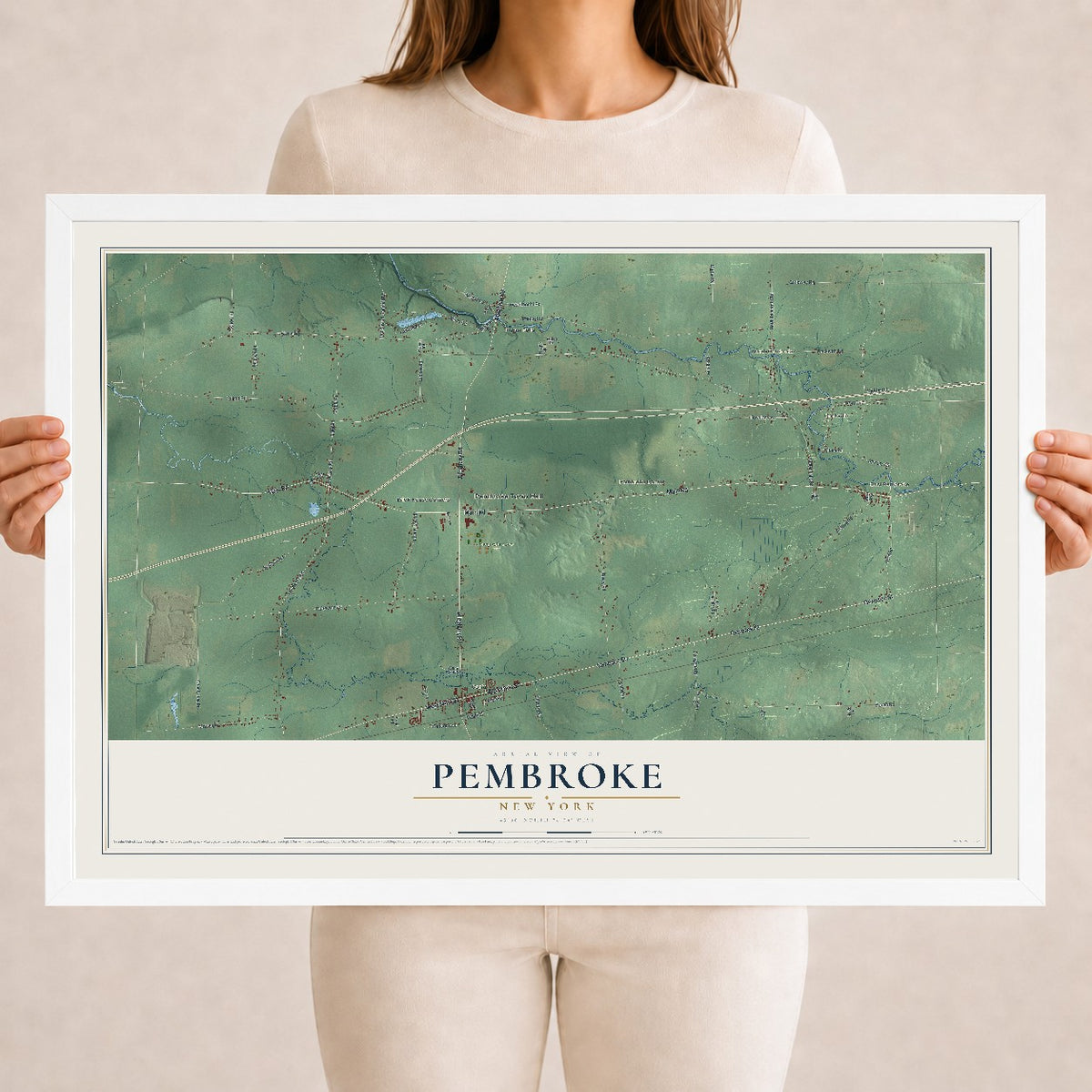 Pembroke, New York map print, 18" x 24" W/ White Ayous Wood Frame mockup
