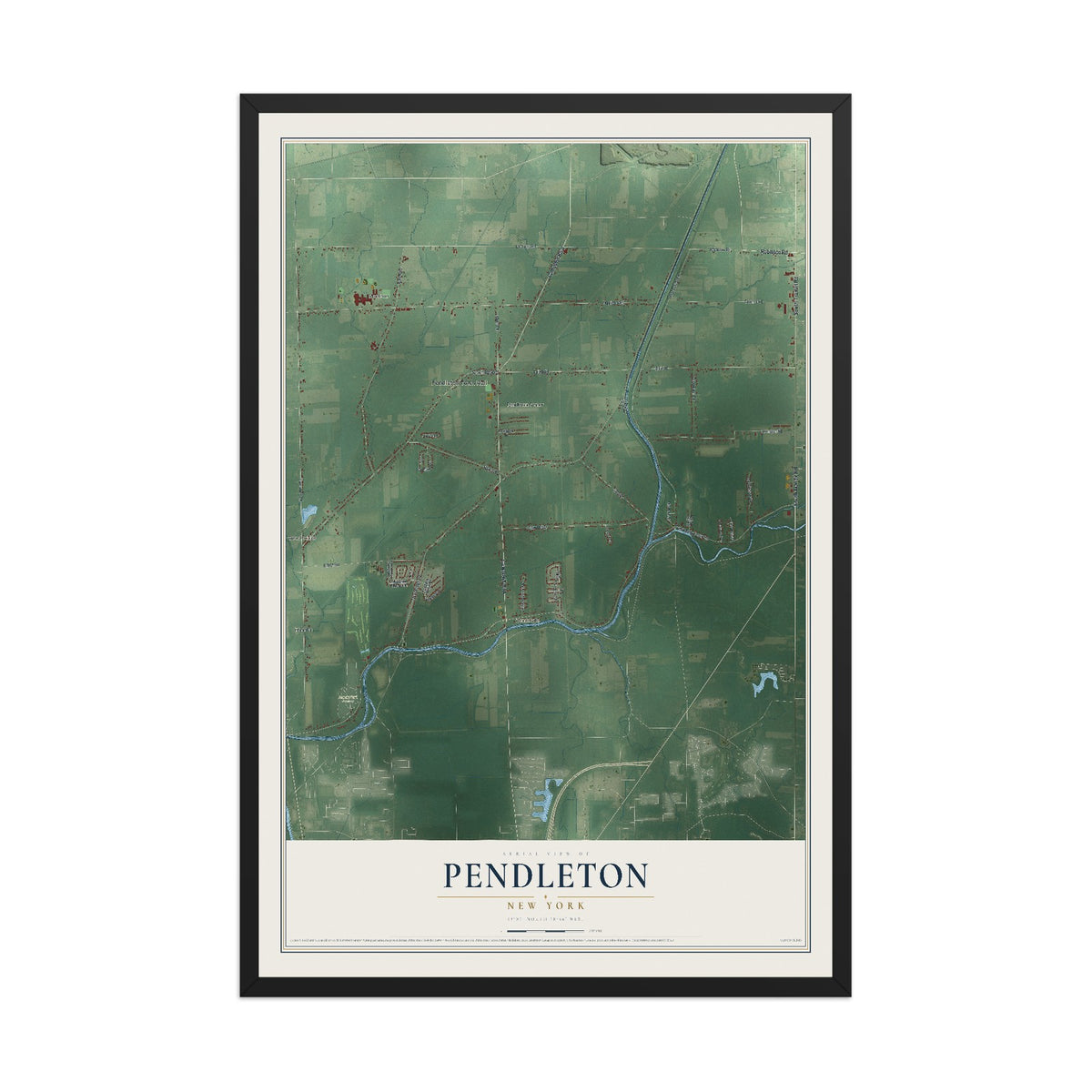 Pendleton, New York map print, 12" x 18" W/ Black Ayous Wood Frame mockup