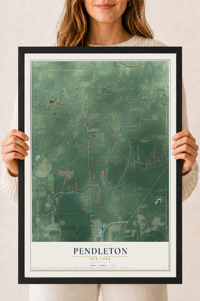 Pendleton, New York map print, 18" x 24" W/ Black Ayous Wood Frame mockup