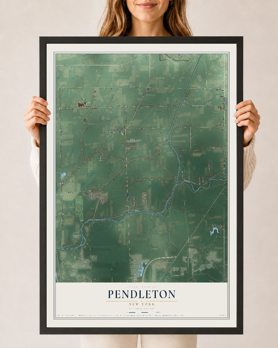 Pendleton, New York map print, 24" x 36" W/ Black Ayous Wood Frame mockup