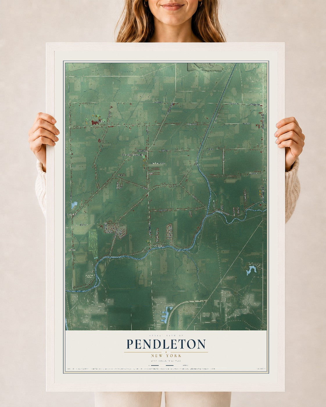 Pendleton, New York map print, 24" x 36" W/ White Ayous Wood Frame mockup