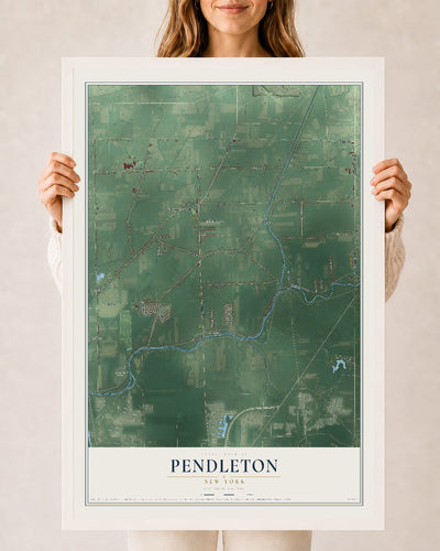 Pendleton, New York map print, 24" x 36" W/ White Ayous Wood Frame mockup