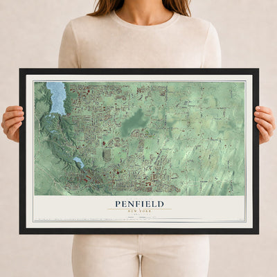 Penfield, New York map print, 12" x 18" W/ Black Ayous Wood Frame mockup