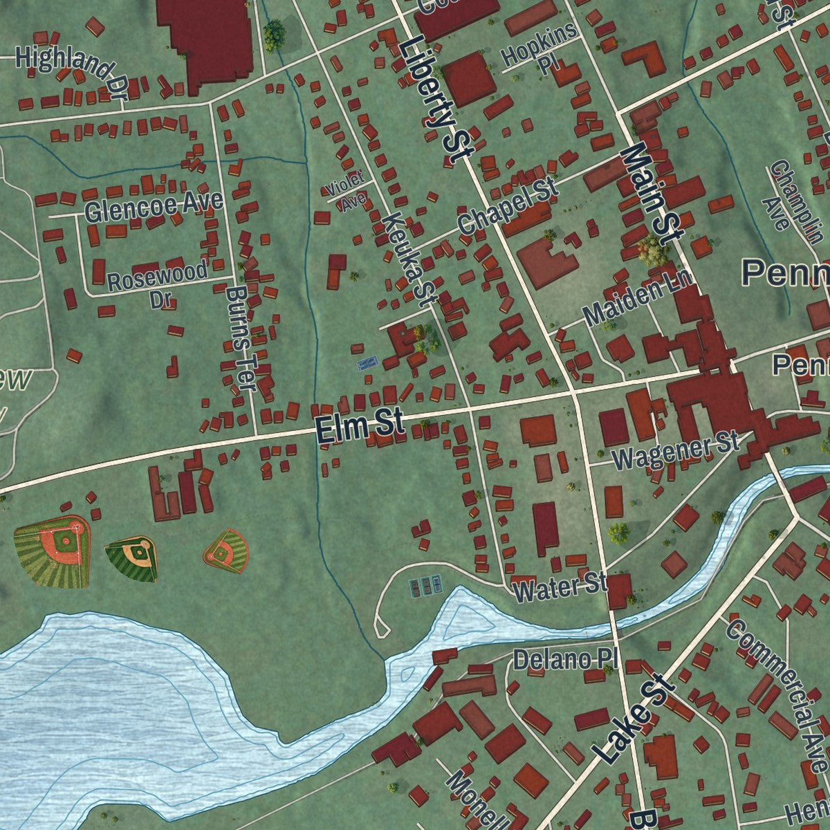 Close-up 1 of the Penn Yan, New York map artwork