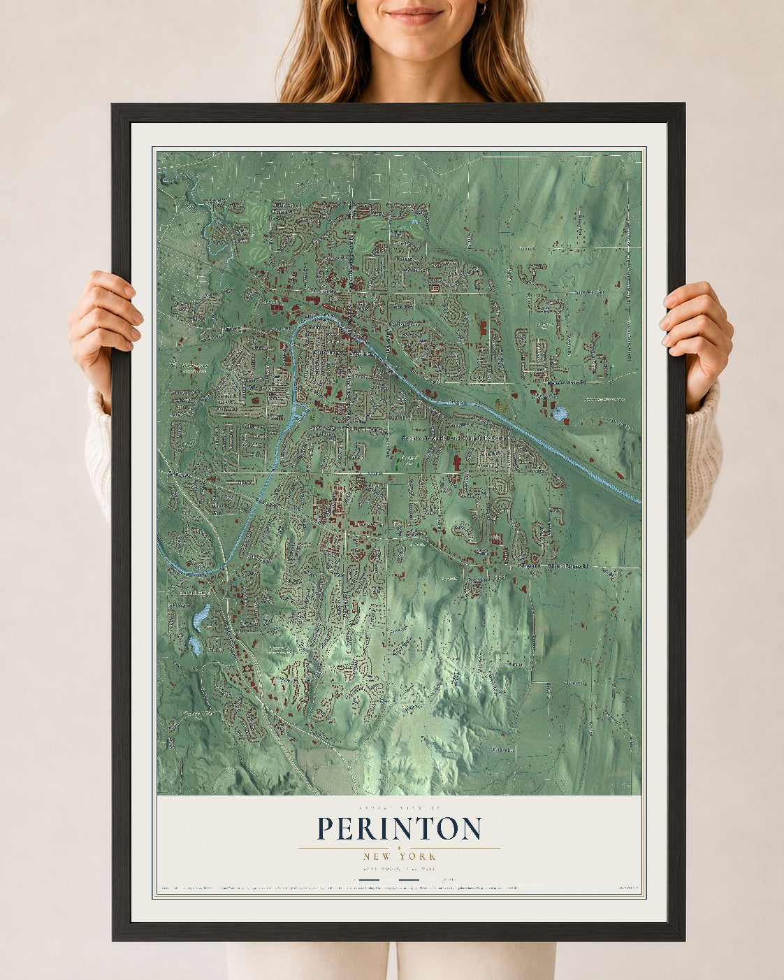 Perinton, New York map print, 24" x 36" W/ Black Ayous Wood Frame mockup