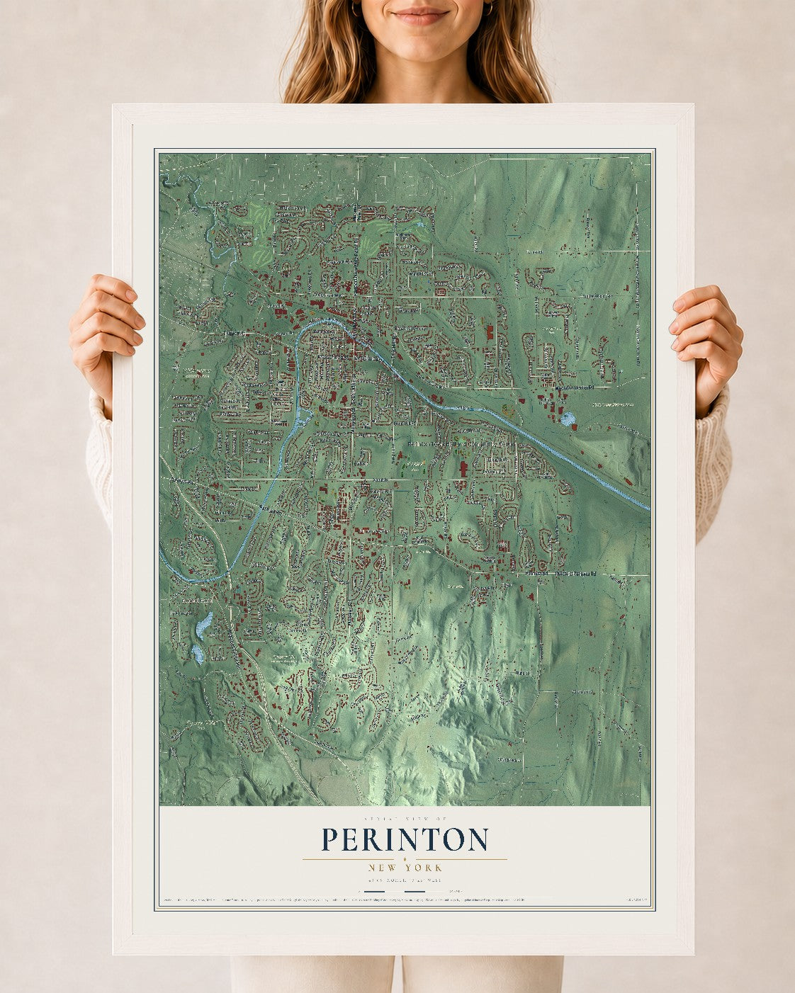 Perinton, New York map print, 24" x 36" W/ White Ayous Wood Frame mockup
