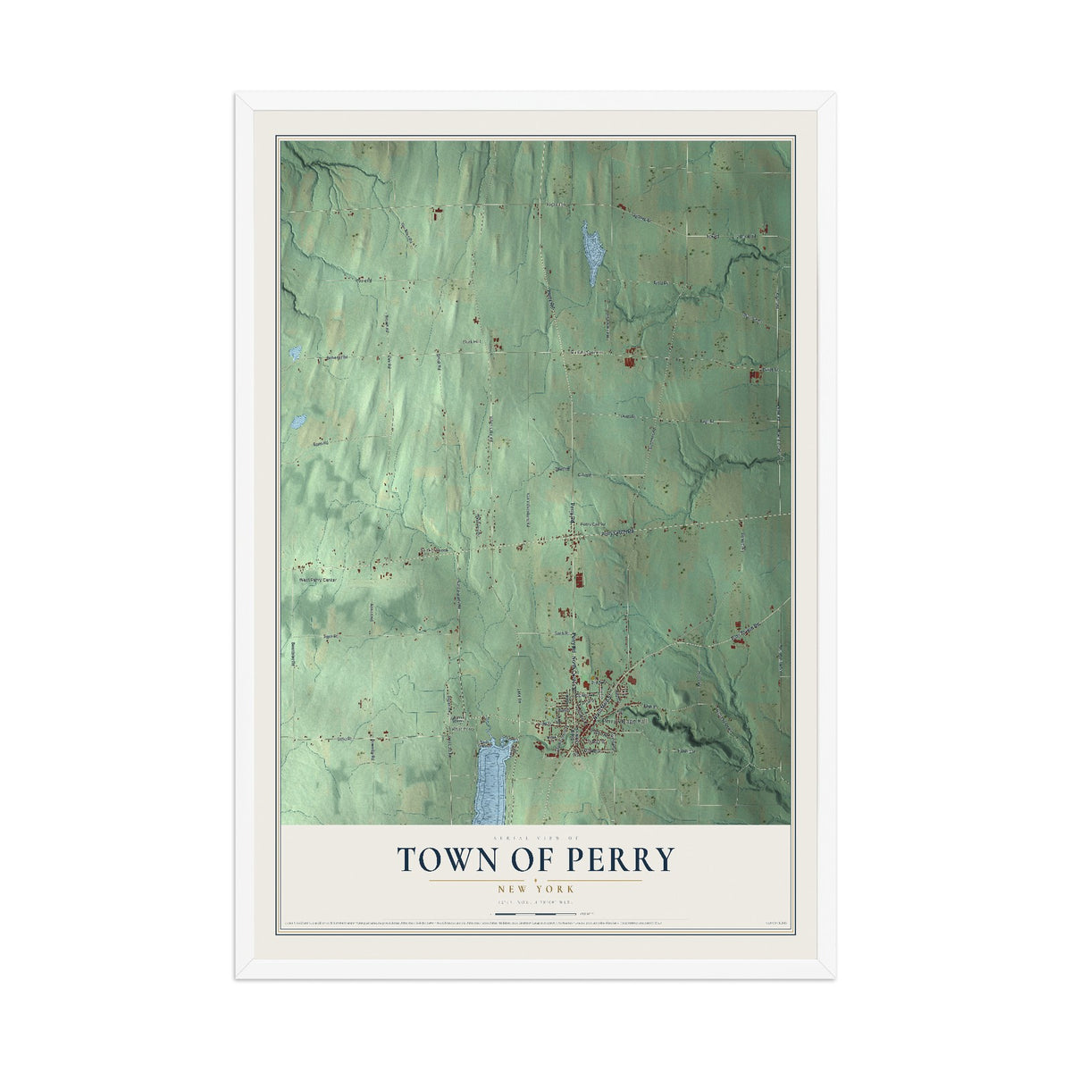 Perry, New York map print, 12" x 18" W/ White Ayous Wood Frame mockup