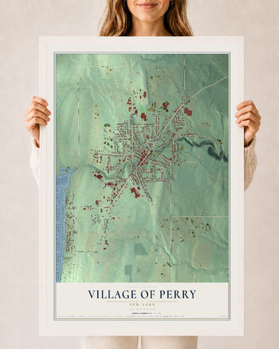 Perry, New York map print, 24" x 36" W/ White Ayous Wood Frame mockup