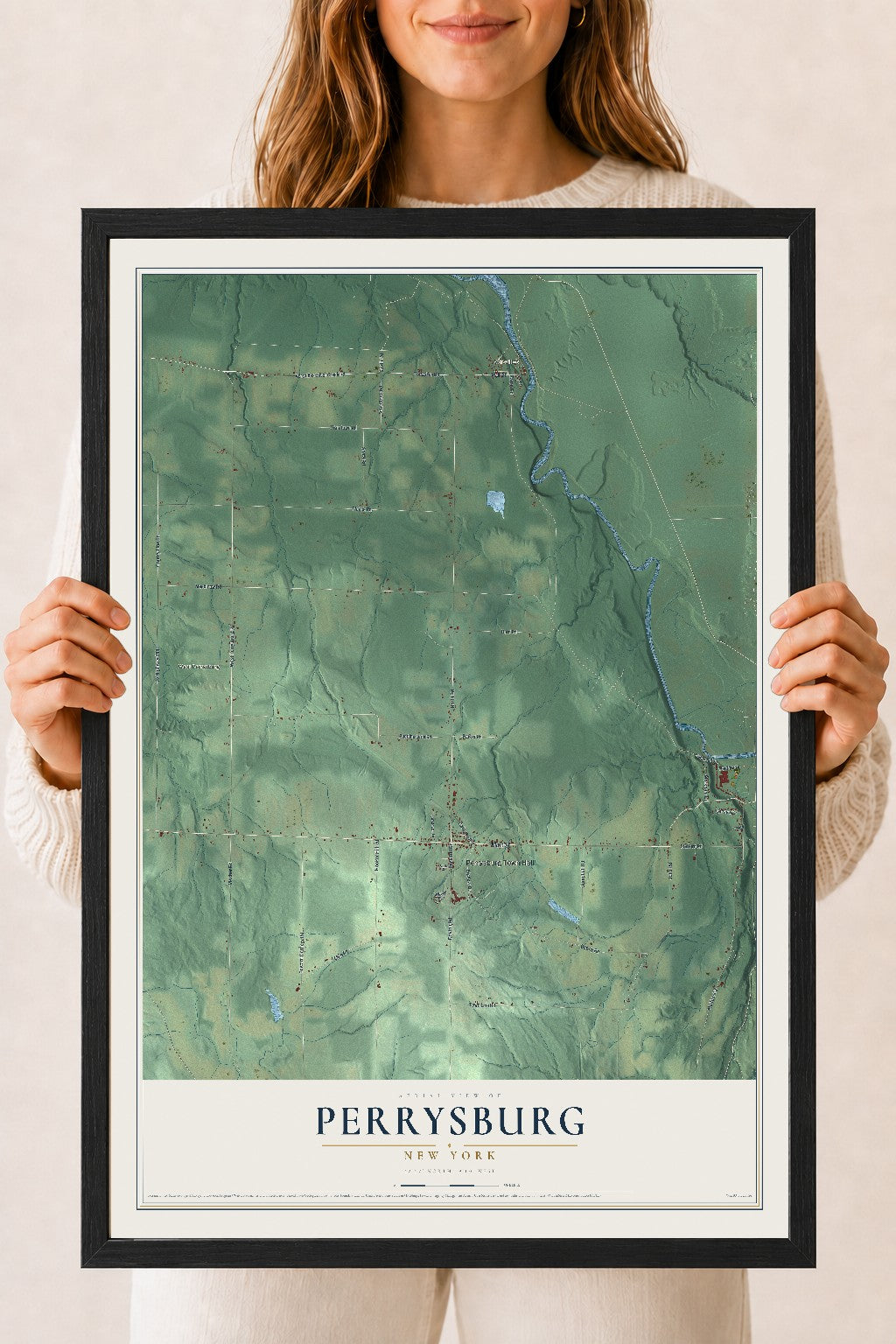 Perrysburg, New York map print, 18" x 24" W/ Black Ayous Wood Frame mockup