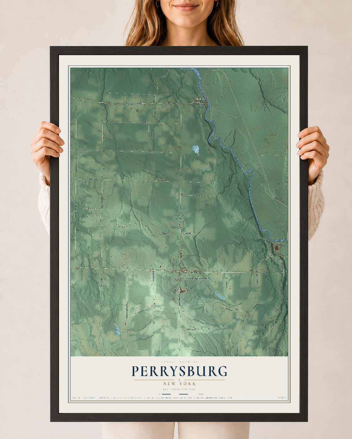 Perrysburg, New York map print, 24" x 36" W/ Black Ayous Wood Frame mockup