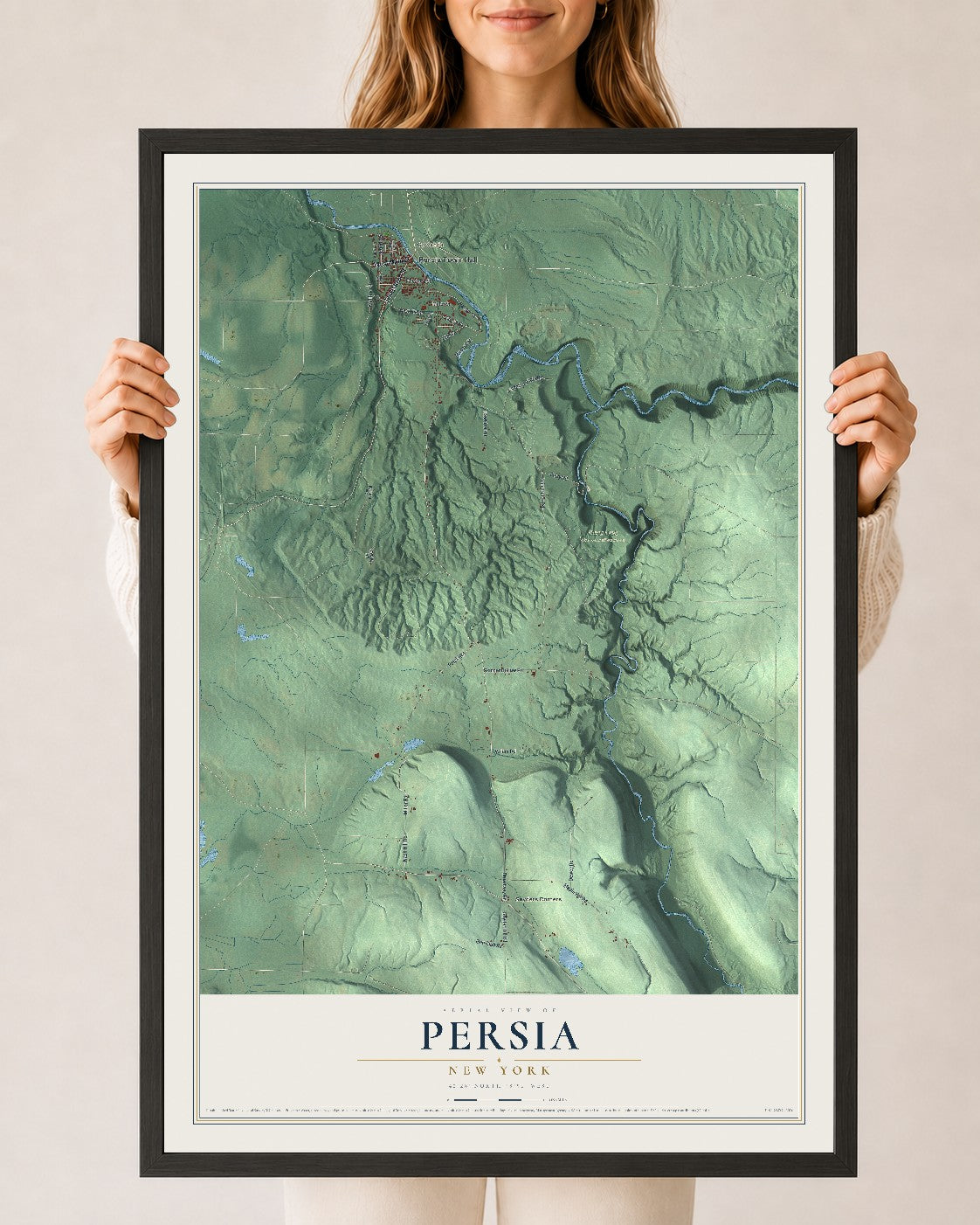 Persia, New York map print, 24" x 36" W/ Black Ayous Wood Frame mockup