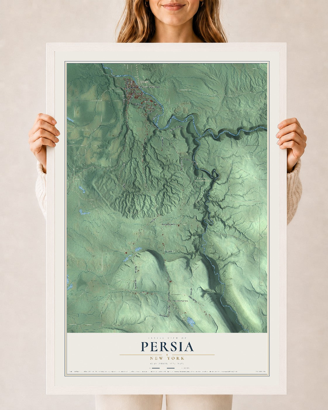 Persia, New York map print, 24" x 36" W/ White Ayous Wood Frame mockup
