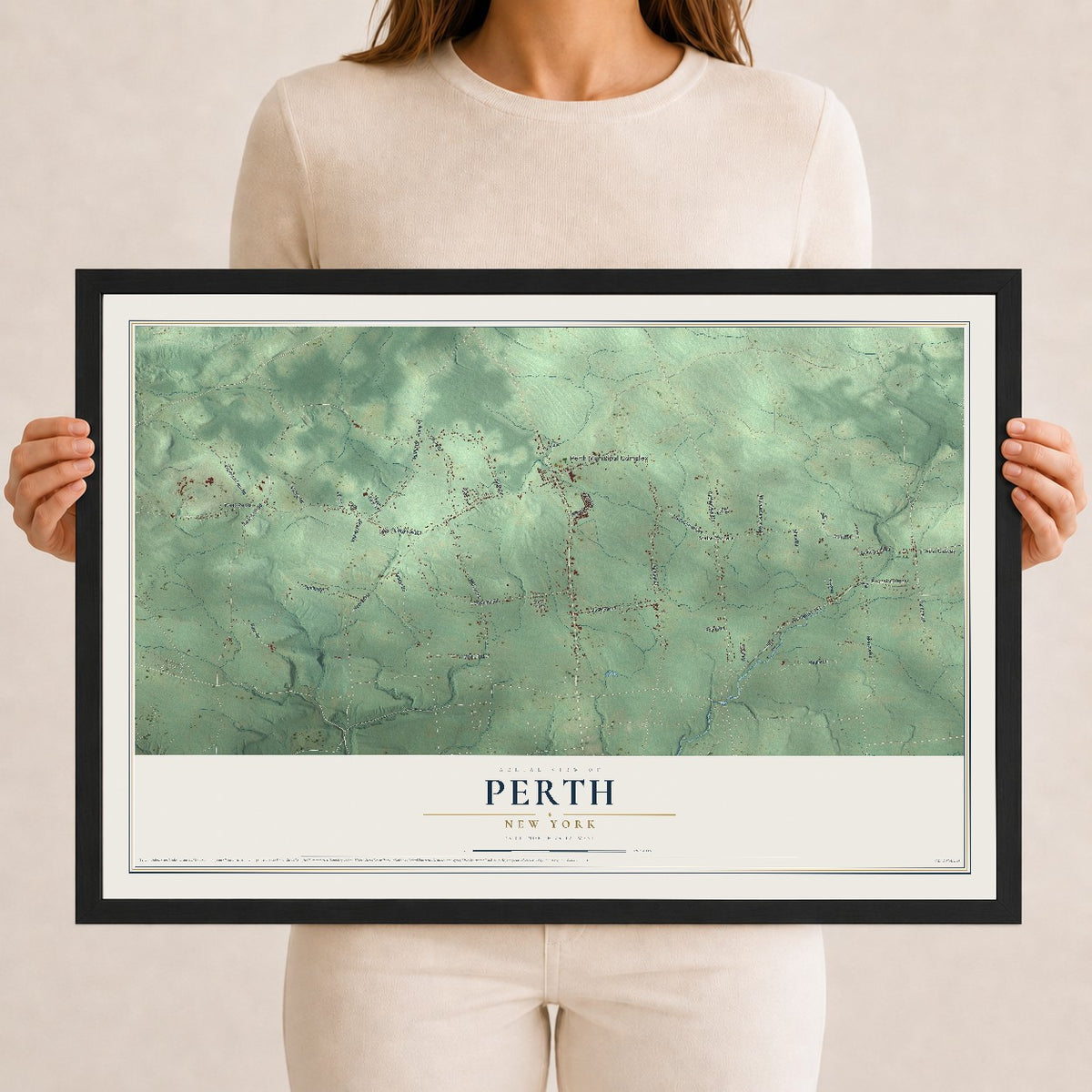 Perth, New York map print, 12" x 18" W/ Black Ayous Wood Frame mockup