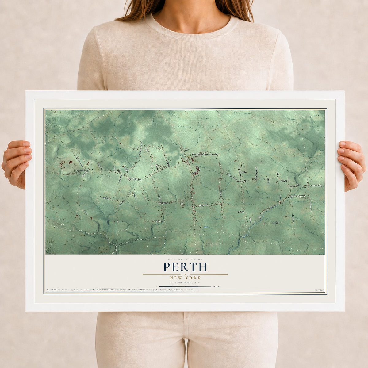 Perth, New York map print, 12" x 18" W/ White Ayous Wood Frame mockup