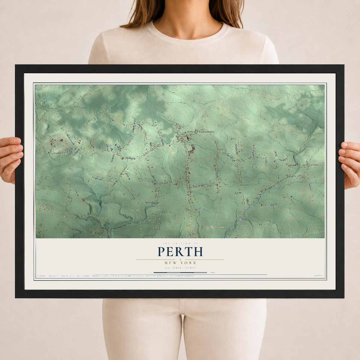 Perth, New York map print, 18" x 24" W/ Black Ayous Wood Frame mockup