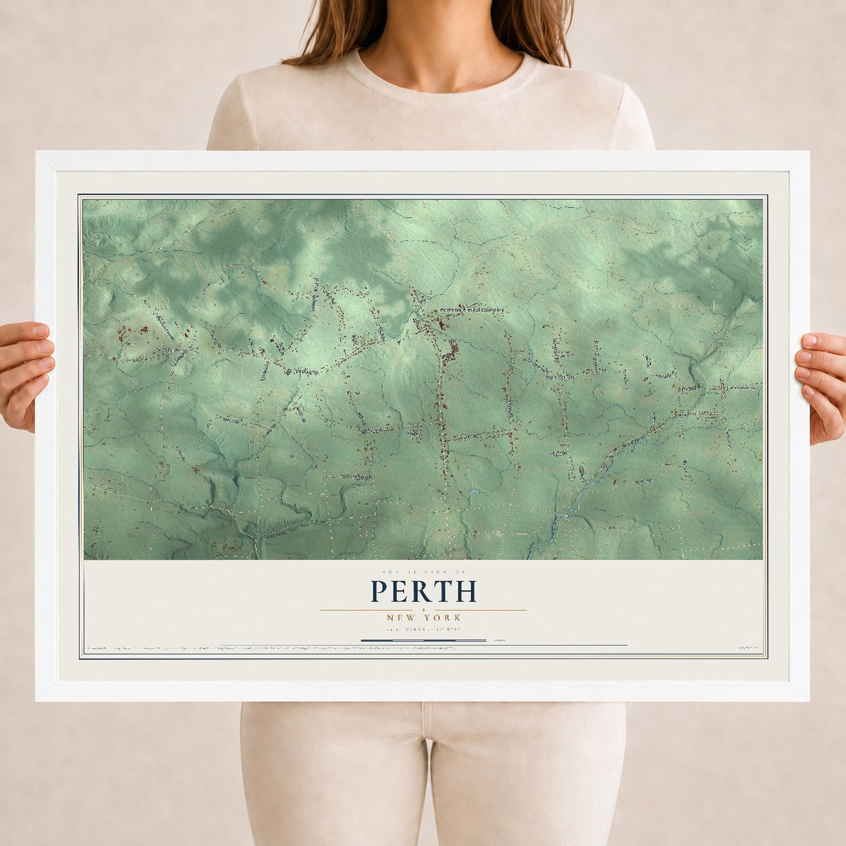 Perth, New York map print, 18" x 24" W/ White Ayous Wood Frame mockup