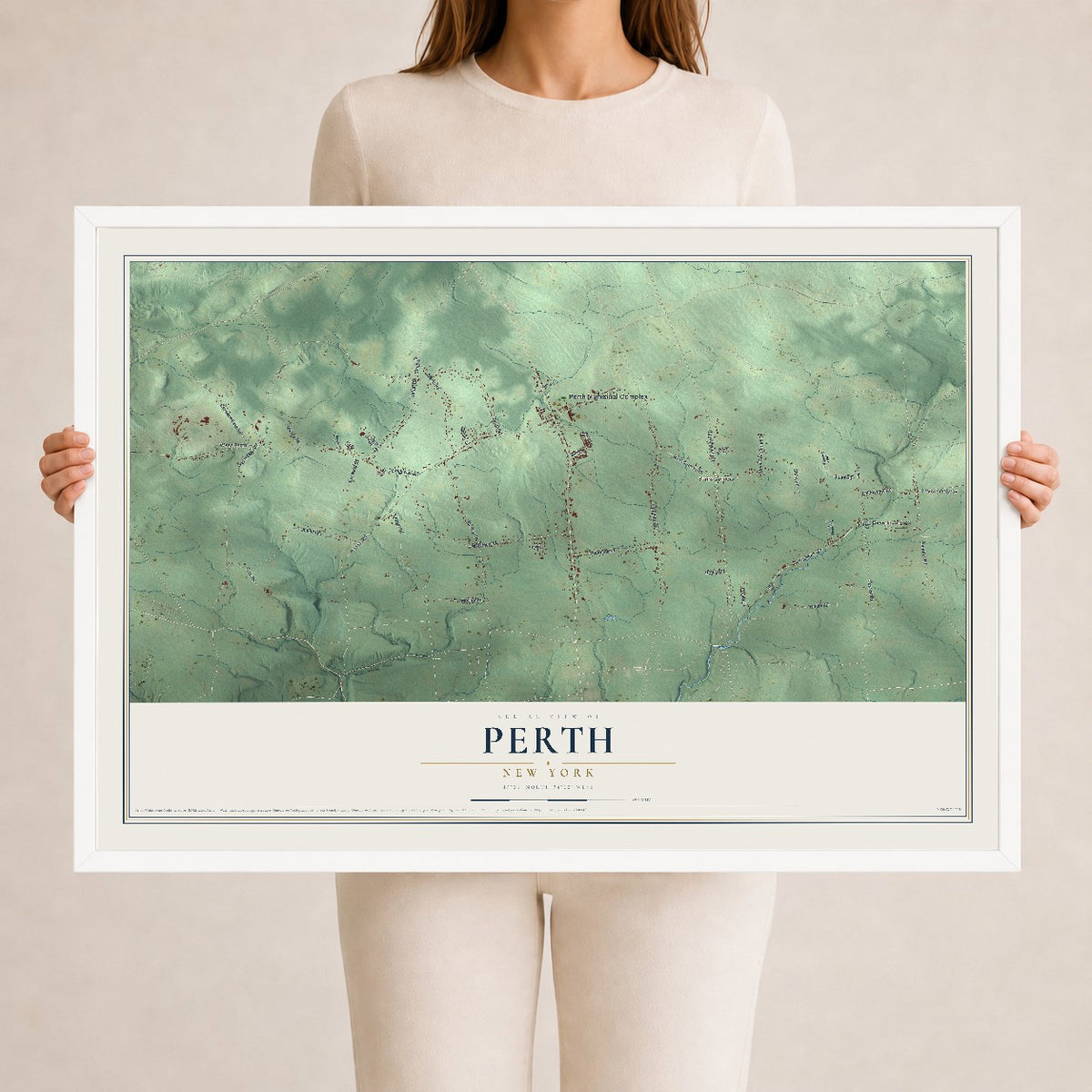 Perth, New York map print, 24" x 36" W/ White Ayous Wood Frame mockup