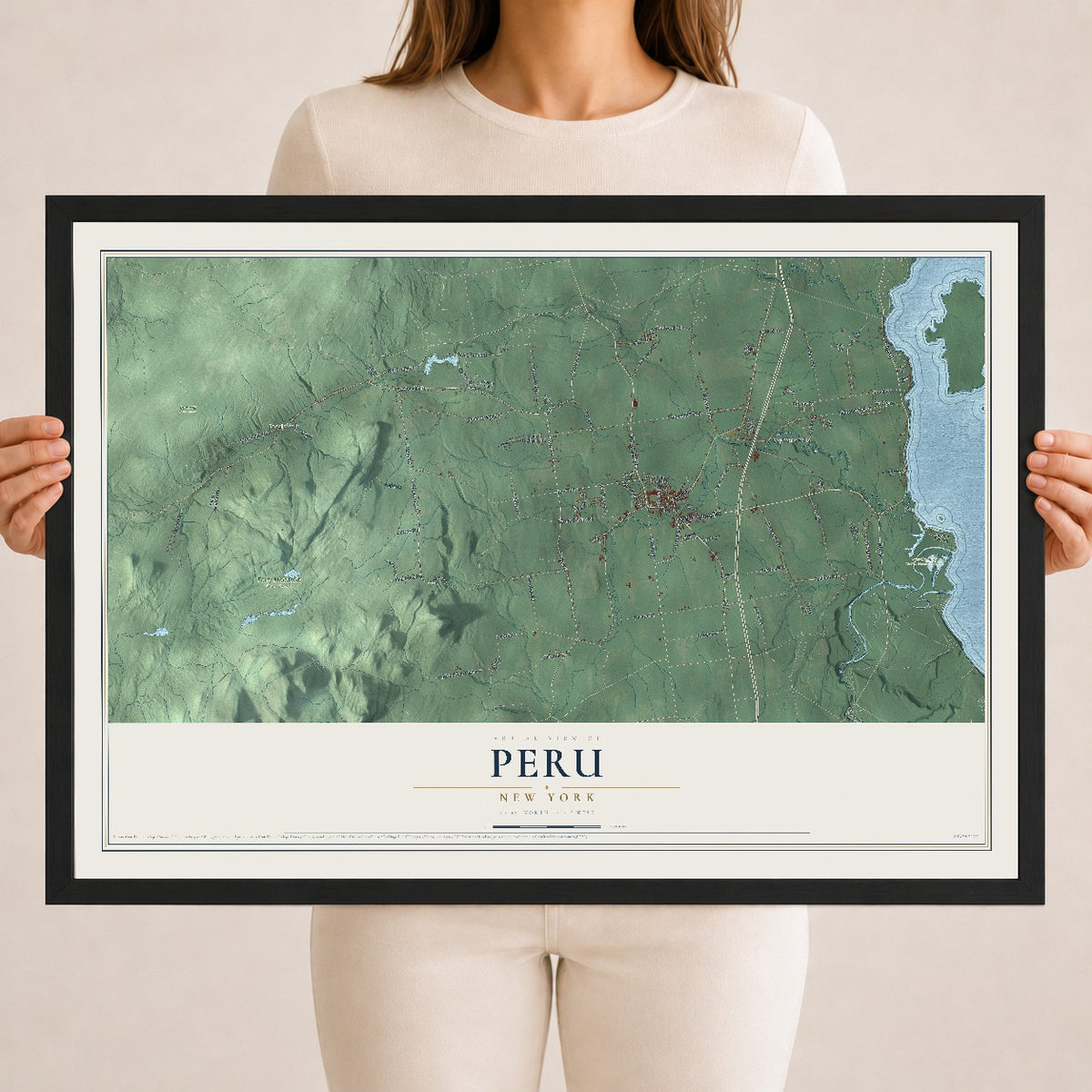 Peru, New York map print, 18" x 24" W/ Black Ayous Wood Frame mockup