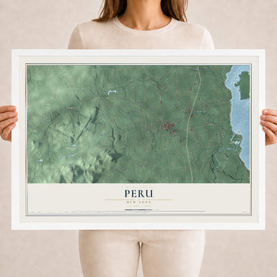 Peru, New York map print, 18" x 24" W/ White Ayous Wood Frame mockup