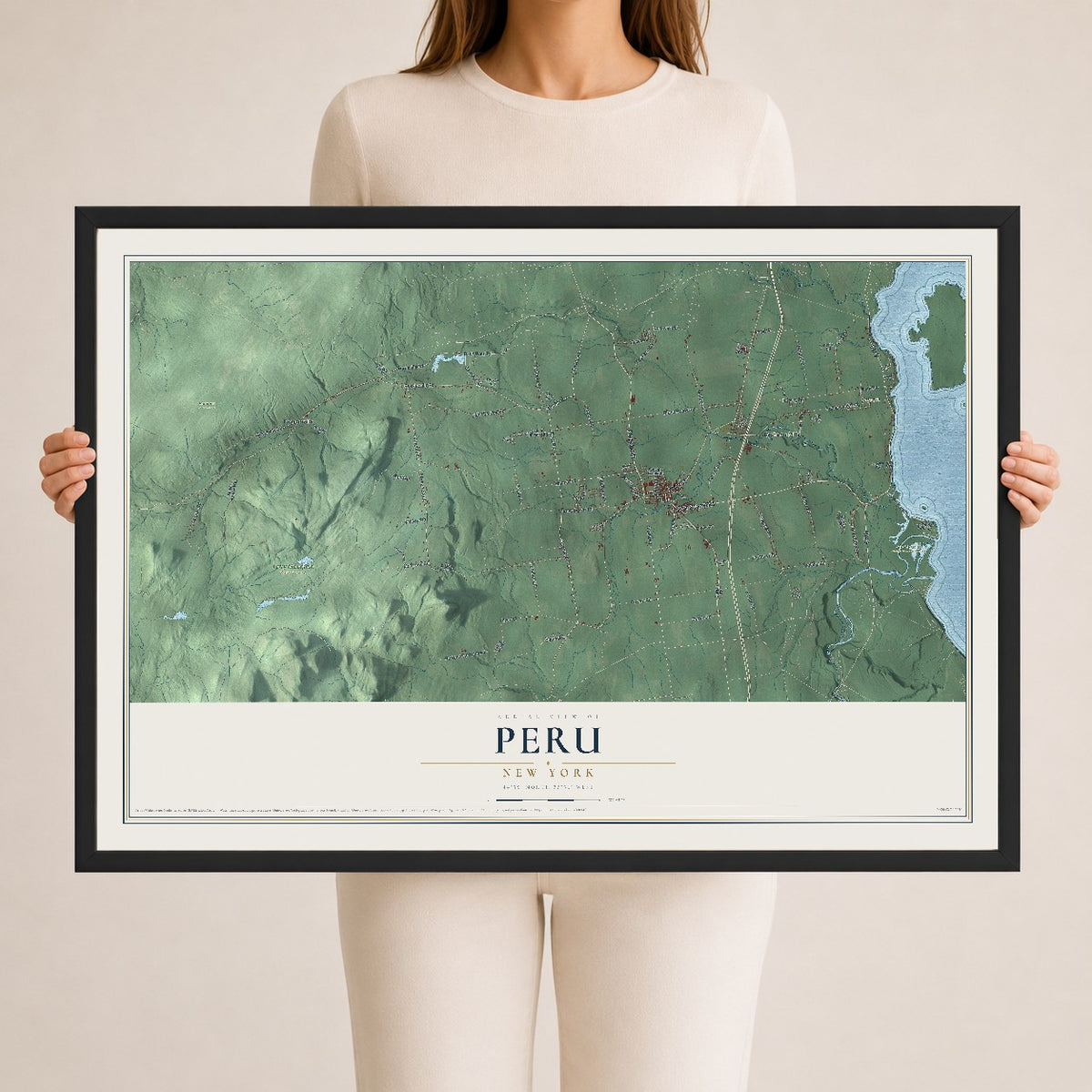 Peru, New York map print, 24" x 36" W/ Black Ayous Wood Frame mockup