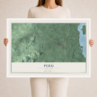 Peru, New York map print, 24" x 36" W/ White Ayous Wood Frame mockup