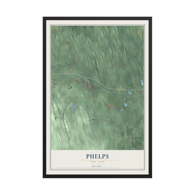 Phelps, New York map print, 12" x 18" W/ Black Ayous Wood Frame mockup