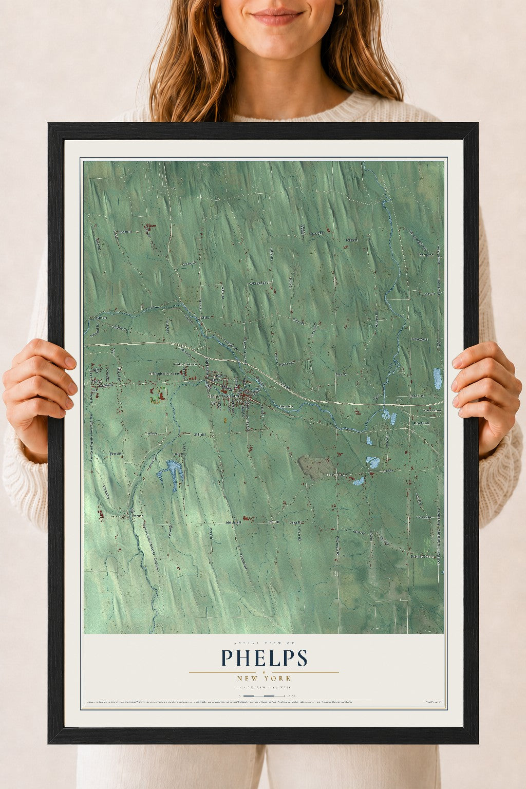 Phelps, New York map print, 18" x 24" W/ Black Ayous Wood Frame mockup