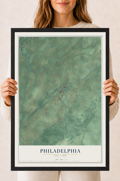 Philadelphia, New York map print, 18" x 24" W/ Black Ayous Wood Frame mockup